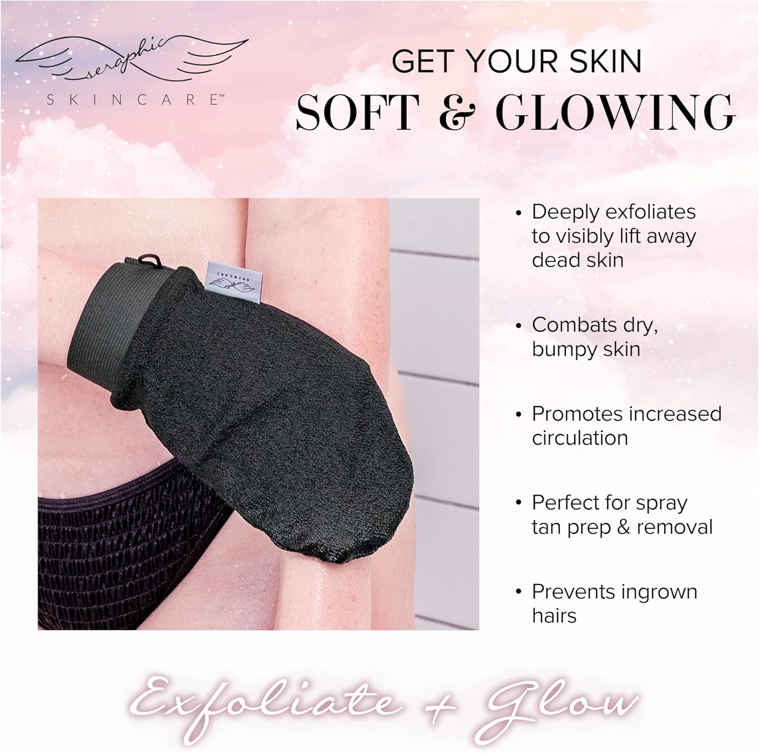 Seraphic Skincare Premium Exfoliating Glove (Medium) – Viscose Fiber Korean Exfoliating Mitt For Sensitive Skin – Body Scrubber, Dead Skin Remover For Body & Self Tanner Removal & Application