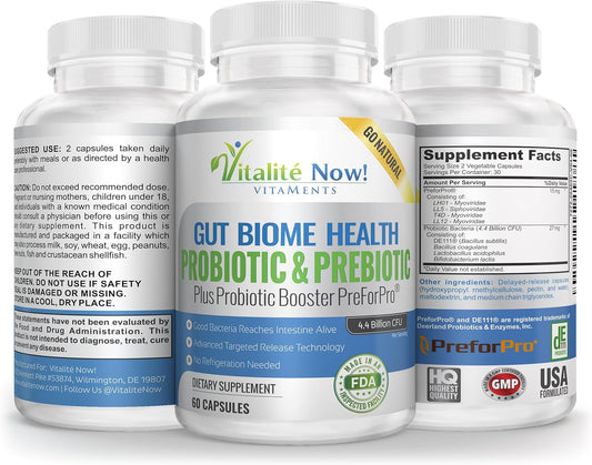Premium Probiotic Plus Ultimate Prebiotic - Gut Biome Builder & Restoration - 4.4 Bn Cfu - Best For Women & Men - Bacteria Reaches Intestine Within Hours - No Refrigeration - Bacillus Subtilis