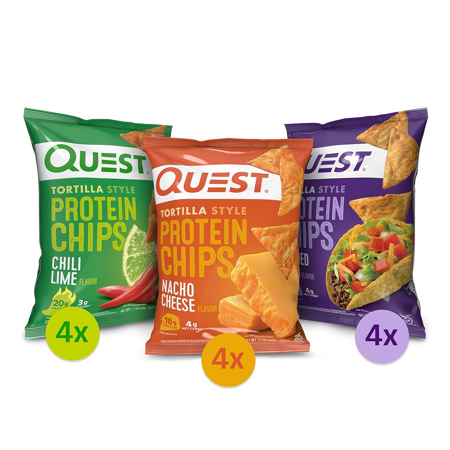 Quest Nutrition Tortilla Style Protein Chips Variety Pack, Chili Lime, Nacho Cheese, Loaded Taco, Low Carb, High Protein, Gluten Free, 1.1 Oz (Pack Of 12)