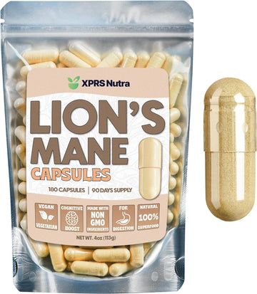 Xprs Nutra Organic Lions Mane Supplement Capsules - 180 Count (90 Day Supply) Of Premium Lion'S Mane Mushroom Capsules For Mental Clarity, Cognition And Immunity Lions Mane Powder Capsules