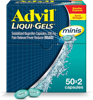 Advil Liqui-Gels Minis Pain Reliever And Fever Reducer, Pain Medicine For Adults With Ibuprofen 200Mg For Pain Relief - 50X2 Liquid Filled Capsules