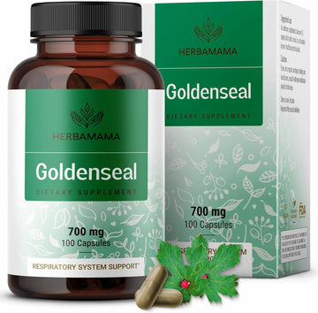 Herbamama Goldenseal Powder Capsules - 700 Mg Goldenseal Root Immune Support Supplement - Respiratory Support Capsules - Vegan, Non-Gmo - 100 Caps