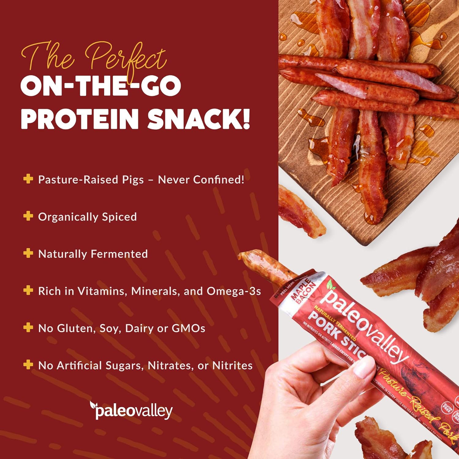 Paleovalley Pasture-Raised Pork Sticks - Maple Bacon Flavor Meat Sticks Individually Wrapped, 28g - 10 Sticks - Gluten-Free Protein Snack : Grocery & Gourmet Food