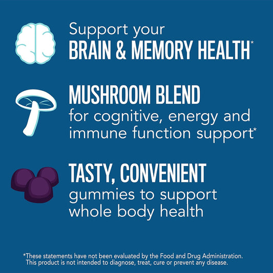 Natural Vitality Brain Health & Memory Gummies; Provides Daily Brain Health Support; Functional Mushroom Extract Blend; Vegan, Gluten Free; Delicious, Raspberry avored; 60 Gummies