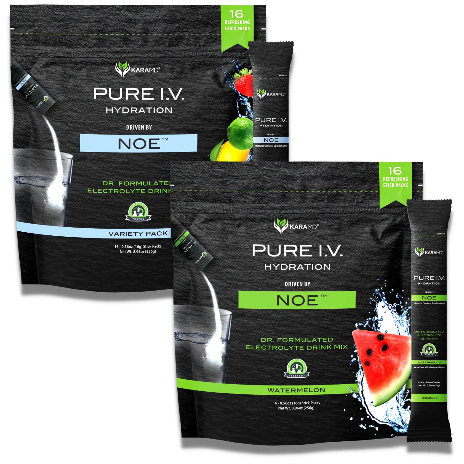 KaraMD Pure I.V. - Doctor Formulated Electrolyte Powder Drink Mix 2 Flavor Bundle ? Refreshing & Delicious Hydrating Packets with Vitamins & Minerals ? 1 Variety Bag & 1 Watermelon Bag (32 Sticks)