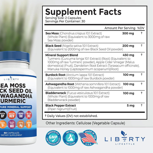 Sea Moss 3000Mg Black Seed Oil 2000Mg Ashwagandha1000Mg Burdock 1000Mg Root Mineral Support (60)