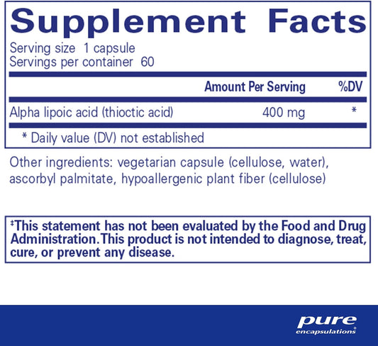 Pure Encapsulations Alpha Lipoic Acid 400 Mg | Ala Supplement For Liver Support, Antioxidants, Nerve And Cardiovascular Health, Free Radicals, And Carbohydrate Support* | 60 Capsules