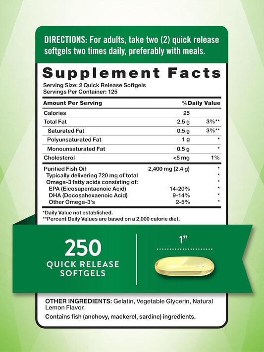 Nature'S Truth Burpless Fish Oil 2400Mg | 250 Softgels | 720 Mg Omega 3 | Natural Lemon Flavor Pills | Non-Gmo & Gluten Free Supplement