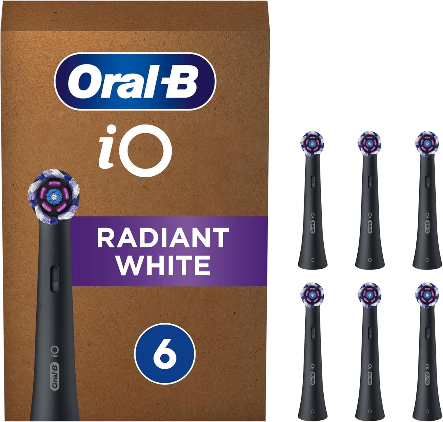 Oral-B Io Radiant White Original Electric Toothbrush Head, Angled Bristles Deeper Plaque Removal, With Polishing Petals For Teeth Whitening, Pack Of 6 Toothbrush Heads, Black