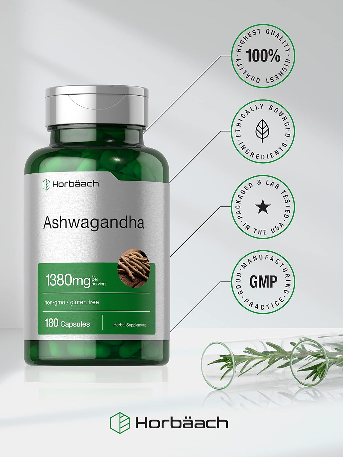 Horbaach Ashwagandha Capsules 1380mg | 180 Count | Root Extract | Non-GMO, Gluten Free Supplement : Health & Household