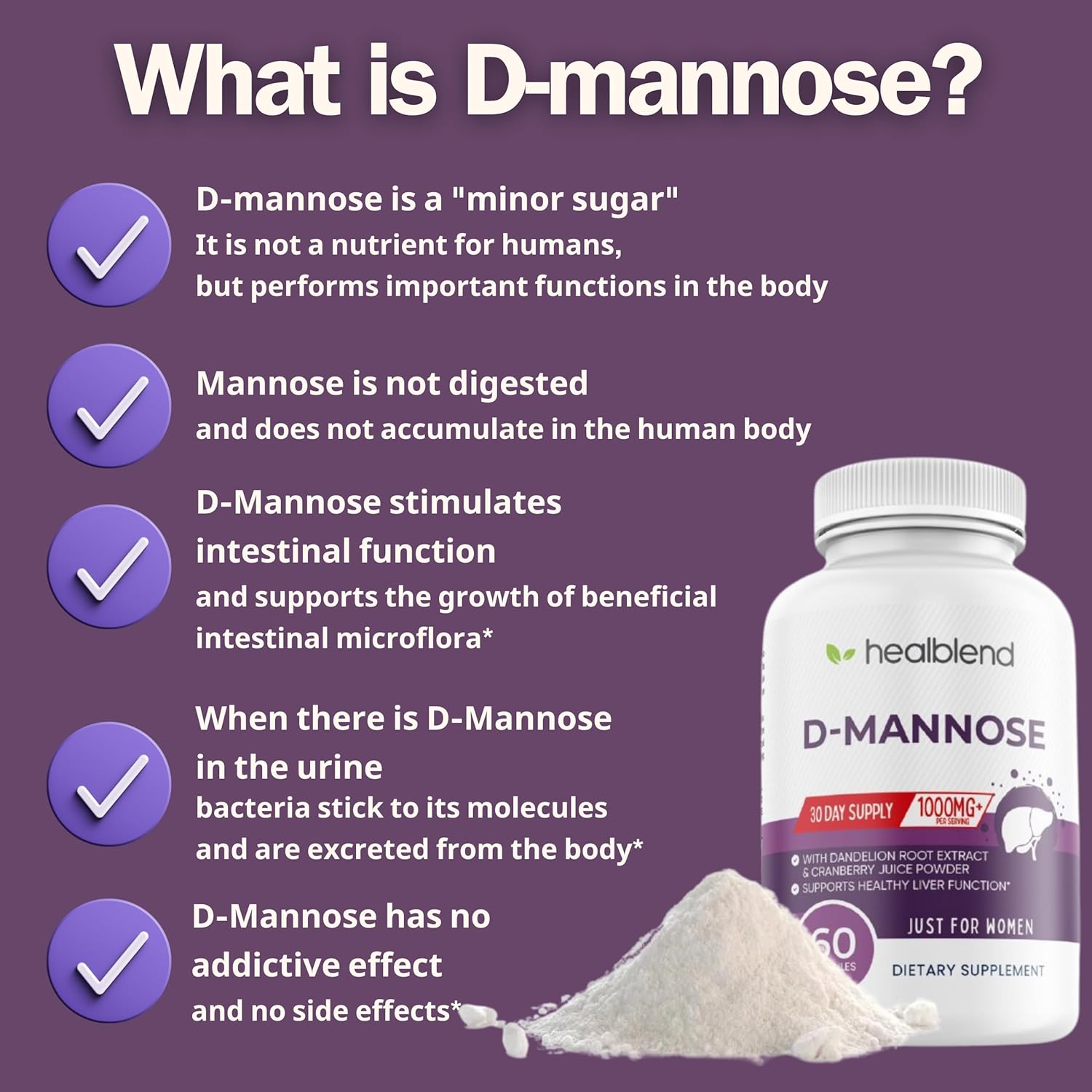 D-Mannose 1000Mg Capsules With Cranberry Juice Powder, Hibiscus, And Dandelion Extracts - 30 Day Supply For Urinary Tract Health : Health & Household