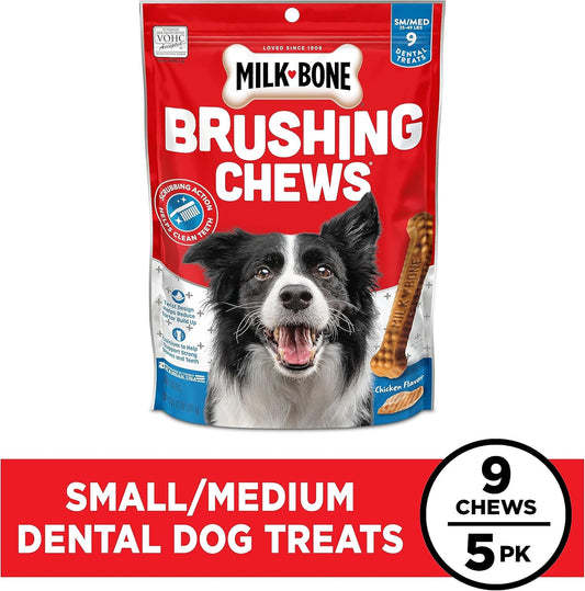 Milk-Bone Original Brushing Chews, Small/ Medium Daily Dental Dog Treats, 9 Count (Pack Of 5) Scrubbing Action Helps Clean Teeth