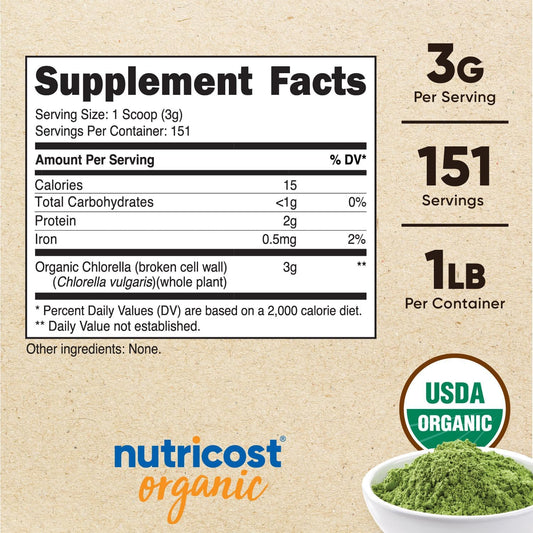 Nutricost Organic Chlorella Powder 16Oz (1Lb) - 3G Per Serving