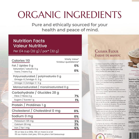 Ecoideas Org. Cassava Flour - 2.2 Lb Bag - Certified Organic, Kosher, Vegan, Non-Gmo, Nut-Free, Grain-Free, Gluten-Free & Paleo-Friendly