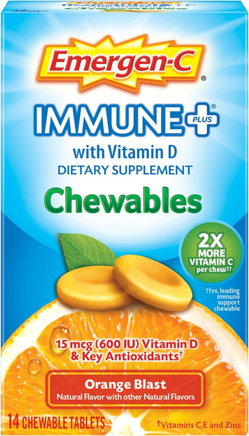 Emergen-C Immune+ Chewables 1000mg Vitamin C Tablet, with Vitamin D, Immune Support Dietary Supplement for Immunity, Orange Blast Flavor - 14 Count