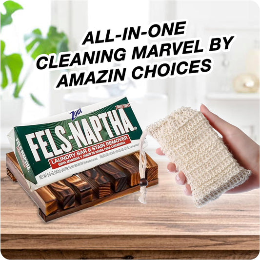 Fels Naptha Laundry Detergent Bar Soap And Stain Remover- Bundle Of Fels-Naptha Laundry Bar (5oz), Bamboo Soap Holder, Soap Bag Scrubber- Premium Detergent Bundle for Effective Cleaning