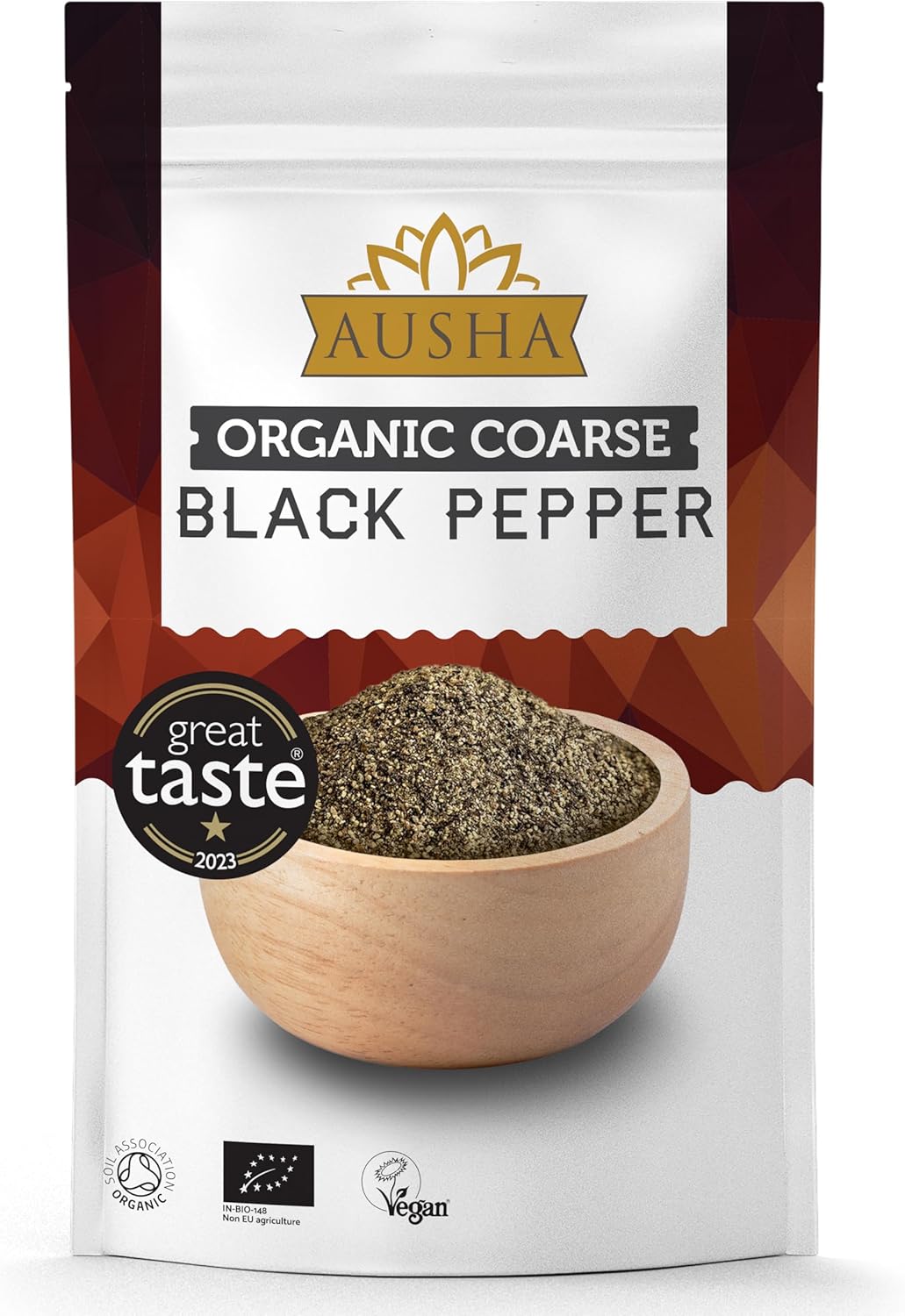 Ausha Organic Coarse Black Pepper - 200G - Uk Certified Organic By Soil Association - 1* Great Taste Award - Premium Quality Pepper