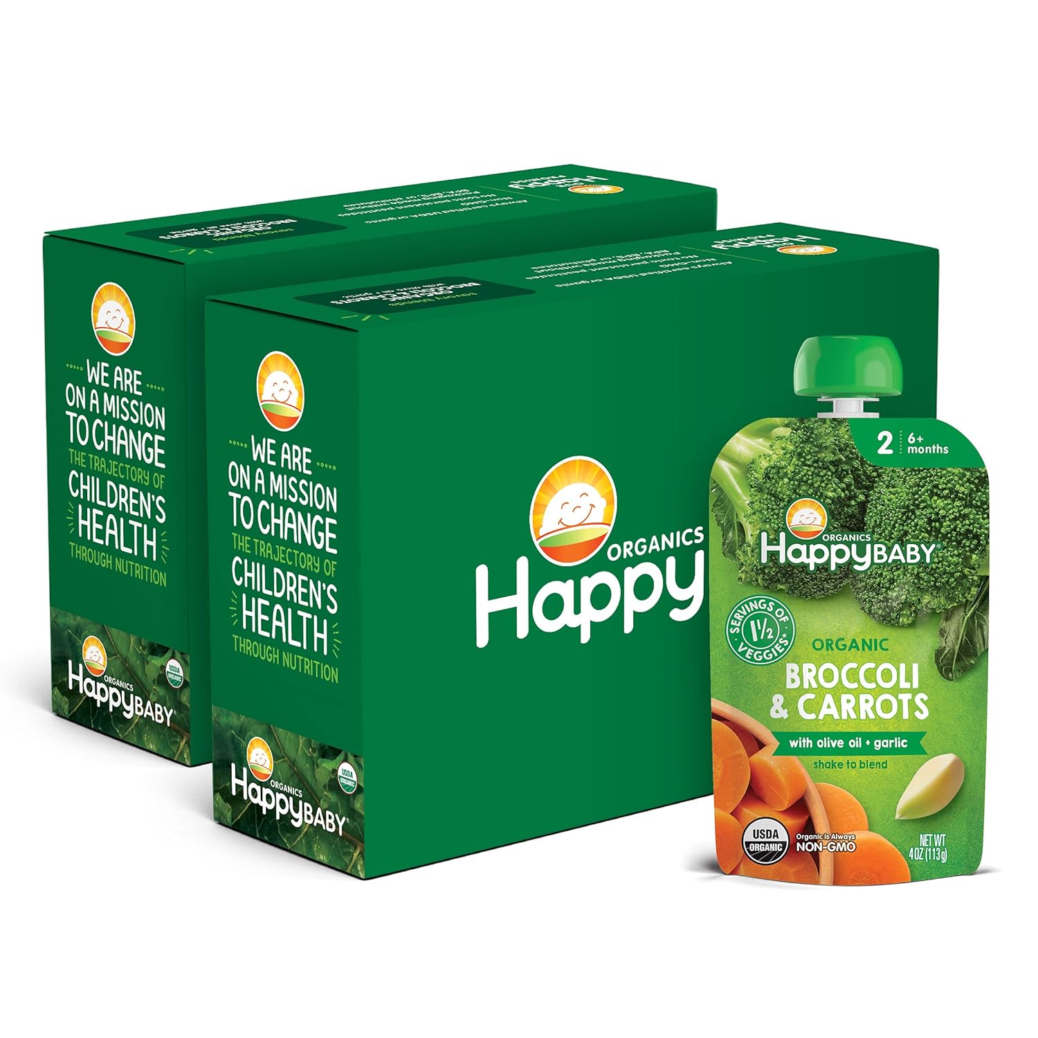Happy Baby Organics Savory Blends Stage 2 Baby Food, Broccoli & Carrots with Olive Oil + Garlic, 4 Ounce Pouch (Pack of 16)