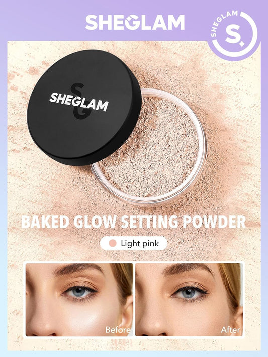 Sheglam Baked Glow Setting Powder Oil Control Loose Face Powder Translucent Pore-Less Flawless Smooths Fine Lines Glowy Powder - Light Pink