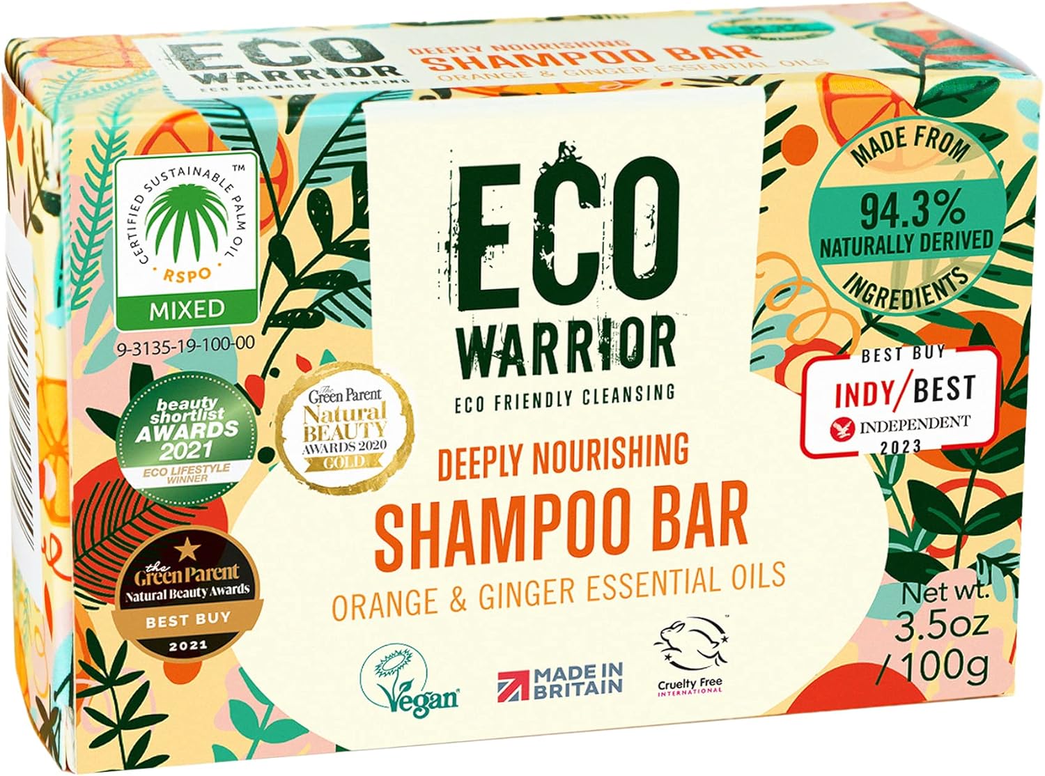 Eco Warrior Deeply Nourishing Shampoo Bar | Vegan, Cruelty Free, Natural, No Sls Or Parabens | Eco Friendly Cleansing | Hydrating Pink Clay, Pure Orange & Ginger Essential Oil For Healthy Hair | 100G