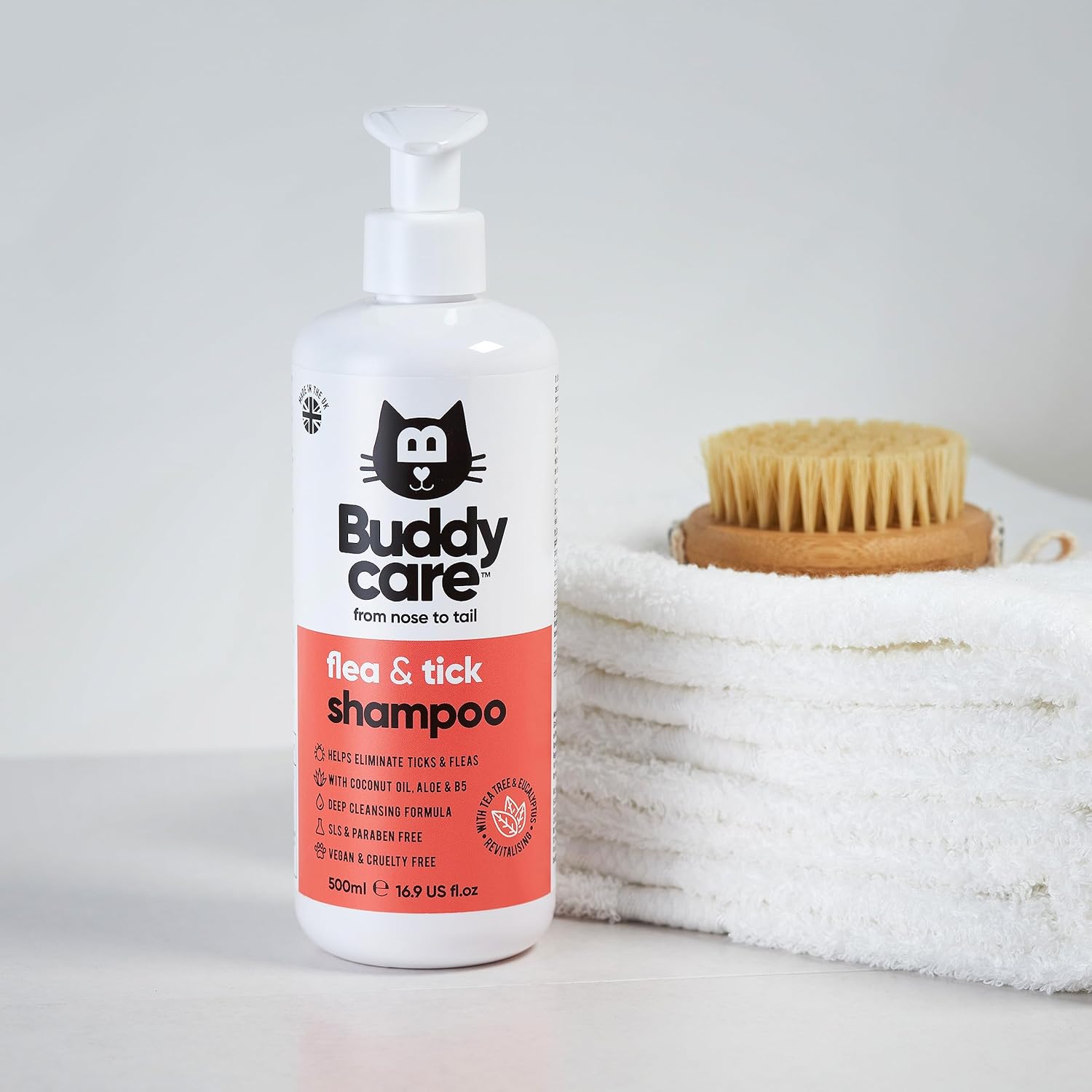 Buddycare Flea & Tick Cat Shampoo - 500ml - Eliminates Fleas, Ticks & Mites - Deep Cleansing Shampoo for Cats, Tea Tree & Eucalyptus Flea Shampoo for Cats :Pet Supplies