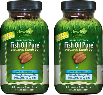 Irwin Naturals Double-Potency Fish Oil Pure - 60 Liquid Soft-Gels, Pack Of 2 - 2,000 Mg Purified Fish Oil With Vitamin D3 - 60 Total Servings