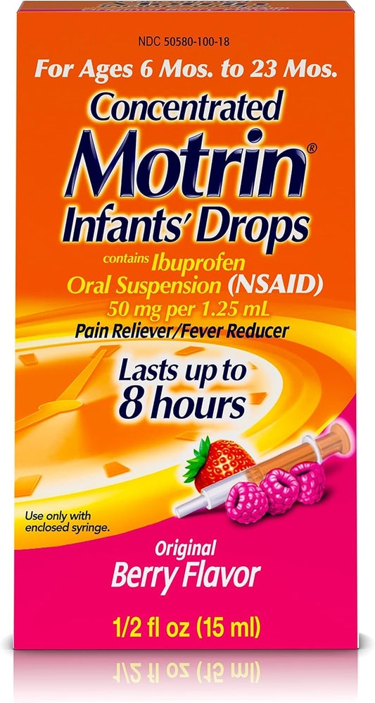 Infants' Motrin Oral Suspension Concentrated Liquid Medicine Drops With Ibuprofen, Nsaid Fever Reducer & Pain Reliever For Babies, Dye Free, Alcohol-Free, Original Berry Flavor, 1 Fl. Oz