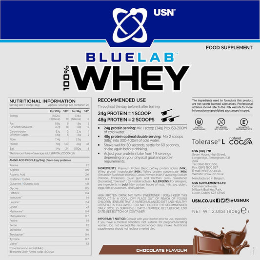 Usn Blue Lab Whey Protein Powder: Chocolate - Whey Protein 908G - Post-Workout - Whey Isolate - Muscle Building Powder Supplement With Added Bcaas