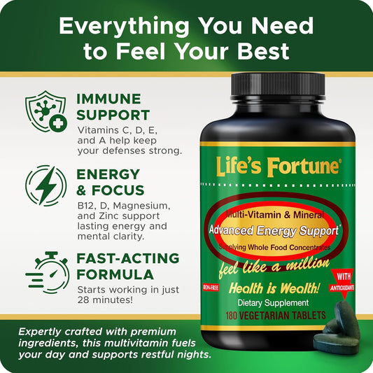 Life'S Fortune Whole Food Multivitamin & Mineral, Advanced Energy Support Supplement, Daily Wellness For Men & Women, Amino Acids, 180 Vegetarian Tablets