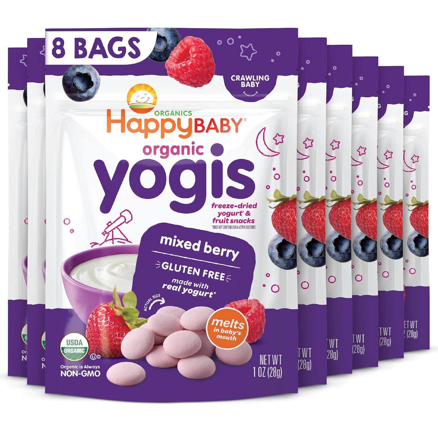 Happy Baby Organics Baby Snacks, Yogis, Freeze Dried Yogurt & Fruit Snacks, Gluten Free Snack For Babies 9+ Months, Mixed Berry, 1 Ounce (Pack Of 8)