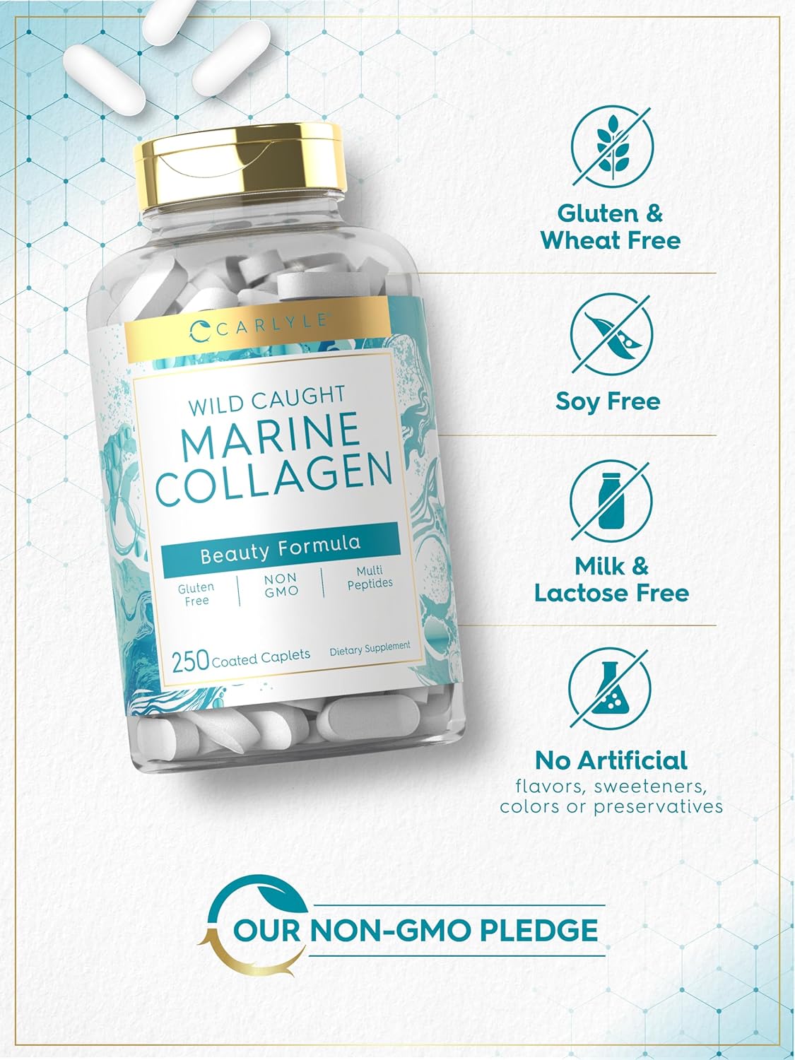 Carlyle Marine Collagen Pills | 250 Caplets | Wild Caught Collagen Peptides | with Hyaluronic Acid | Non-GMO, Gluten Free : Health & Household