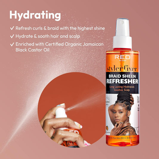 Red By Kiss Braid Sheen Refresher Spray, Long Lasting Hydration, Refresh Curls & Braid,Highest Shine, Soothes Scalp, Nourishes Dry Crips Hair, Enriched With Certified Organic Jamaican Black Castor Oil