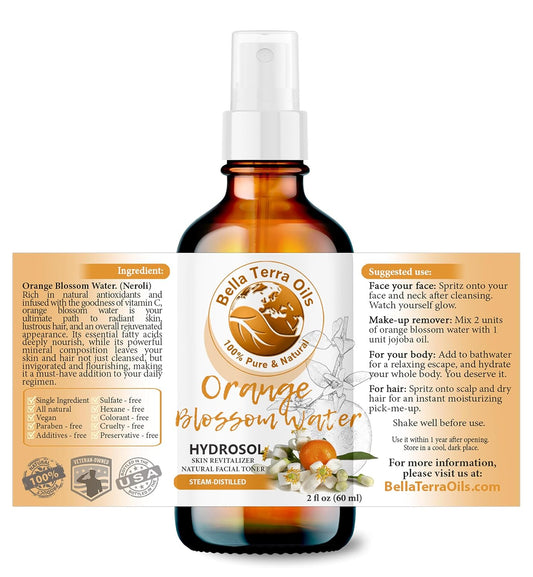 Bella Terra Oils - Organic Neroli Water 2oz - Harnessing The Power of Citrus Aurantium, Abundant in Bio-active Compounds, Perfect for Refreshing & Uplifting Skin