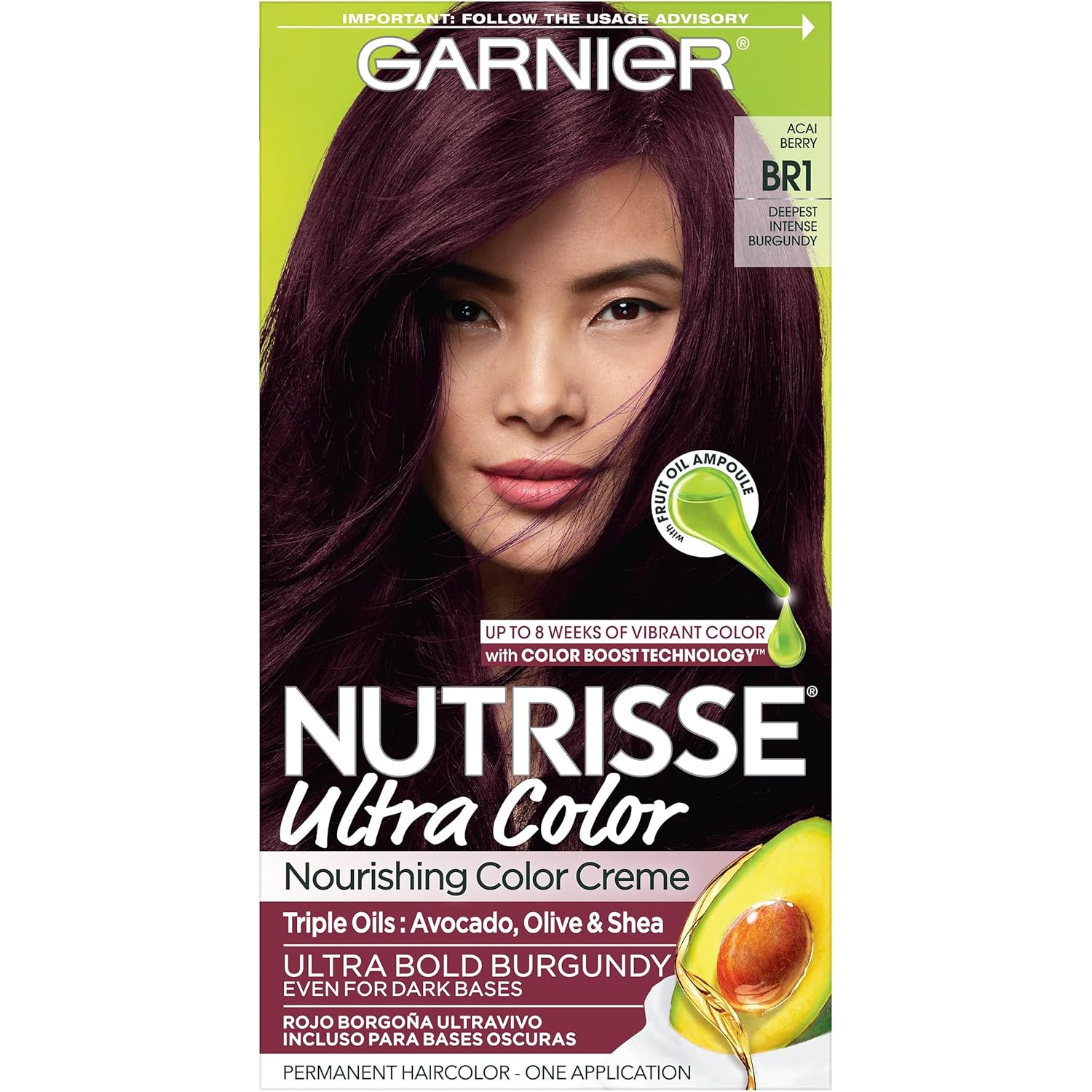 Garnier Hair Color Nutrisse Ultra Color Nourishing Creme, Br1 Deepest Intense Burgundy (Acai Berry) Red Permanent Hair Dye, 1 Count (Packaging May Vary)