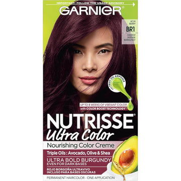 Garnier Hair Color Nutrisse Ultra Color Nourishing Creme, Br1 Deepest Intense Burgundy (Acai Berry) Red Permanent Hair Dye, 1 Count (Packaging May Vary)