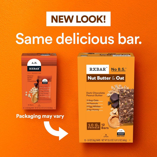 Rxbar Nut Butter And Oat Protein Bars, Protein Snacks, Snack Bars, Dark Chocolate Peanut Butter, 23.2Oz Box (12 Bars)