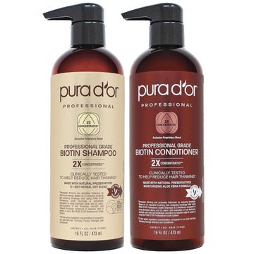 Pura D'Or Professional Grade Biotin Anti-Hair Thinning Shampoo & Conditioner, Clinically Tested Proven Results, 2X Concentrated Dht Blocker Thickening Products For Women & Men, Sulfate Free, 16Oz X 2