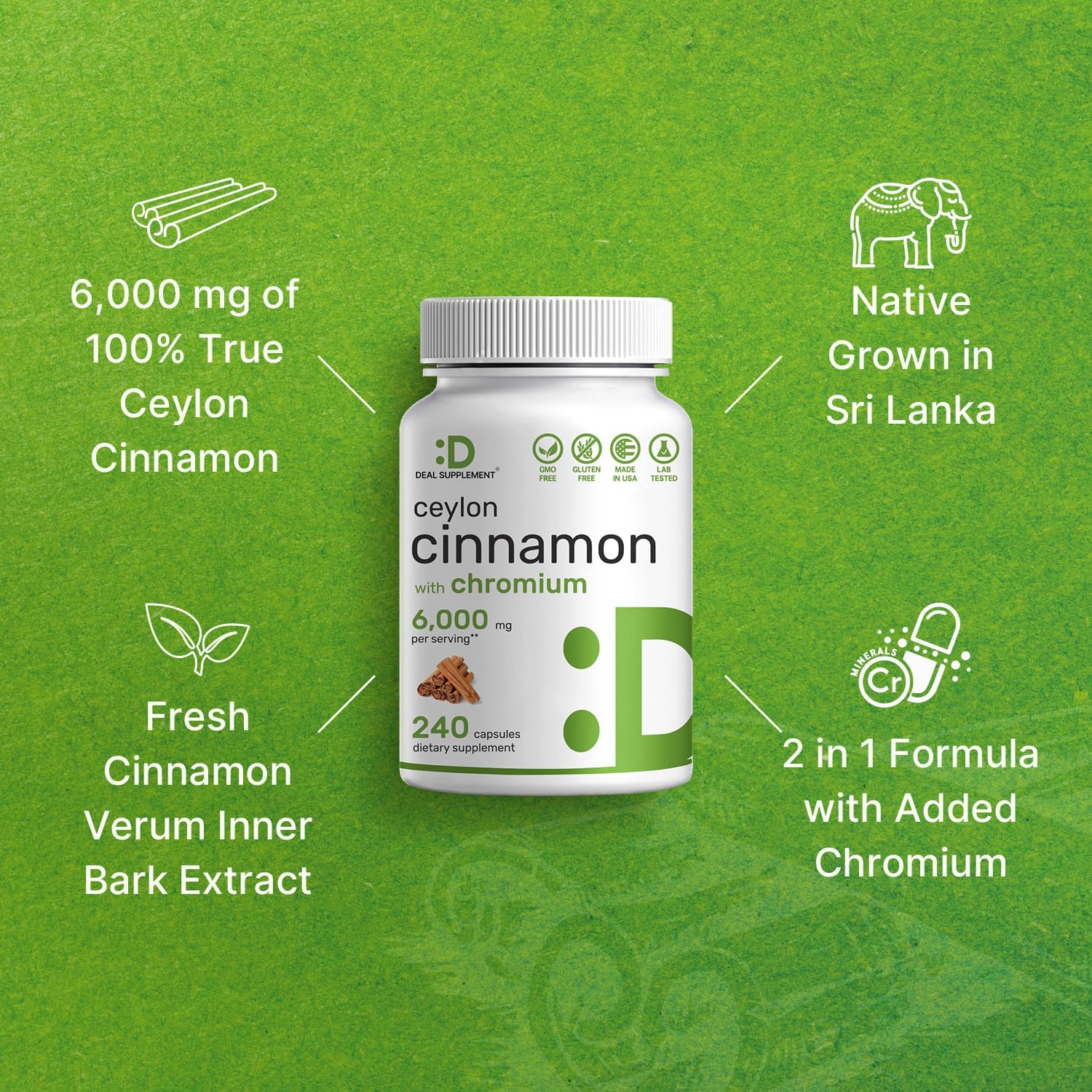 Ceylon Cinnamon 6000mg with Chromium 1000mcg, 240 Capsules | Active Inner Bark Extract, True Sri Lanka Source | Natural Cinnamon Supplements : Health & Household