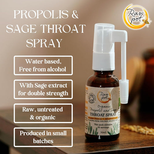 Raw Pot - Organic Propolis And Sage Throat Spray - Alcohol-Free Pure Natural Raw Bee Propolis Liquid Extract For Sore Throat Pain Relief, Immunity Support, Skin, Dental Care | Kids & Adults (30Ml)