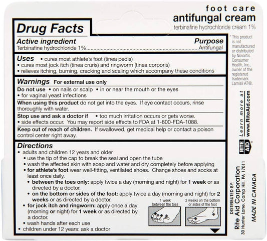 Rite Aid Antifungal Cream, Terbinafine Hydrochloride Cream 1%, Full Prescription Strength, 0.5 Oz (15 G) | Cures Most Athletes Foot | Relieves Itching And Burning | Athletes Foot Treatment | Anti Itch