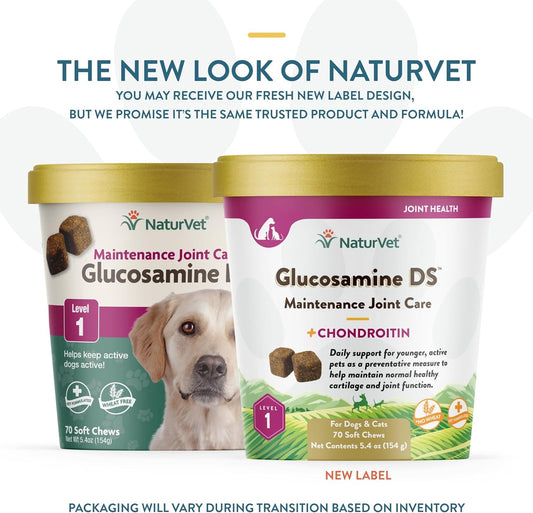 NaturVet Glucosamine DS Level 1 Maintenance, Joint Care Support Supplement for Dogs and Cats, Soft Chews, Made in The USA
