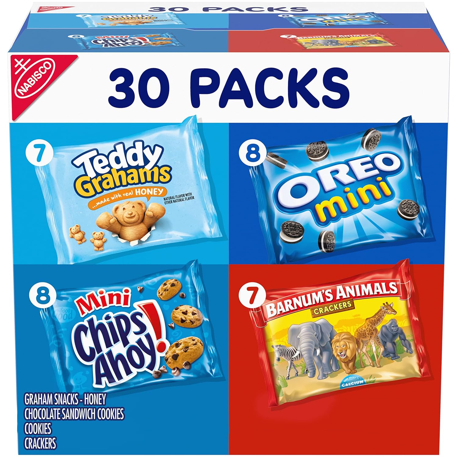 Nabisco Team Favorites Variety Pack, Oreo Mini, Chips Ahoy! Mini, Teddy Grahams Honey & Barnum'S Animal Crackers, School Snacks, 30 Snack Packs