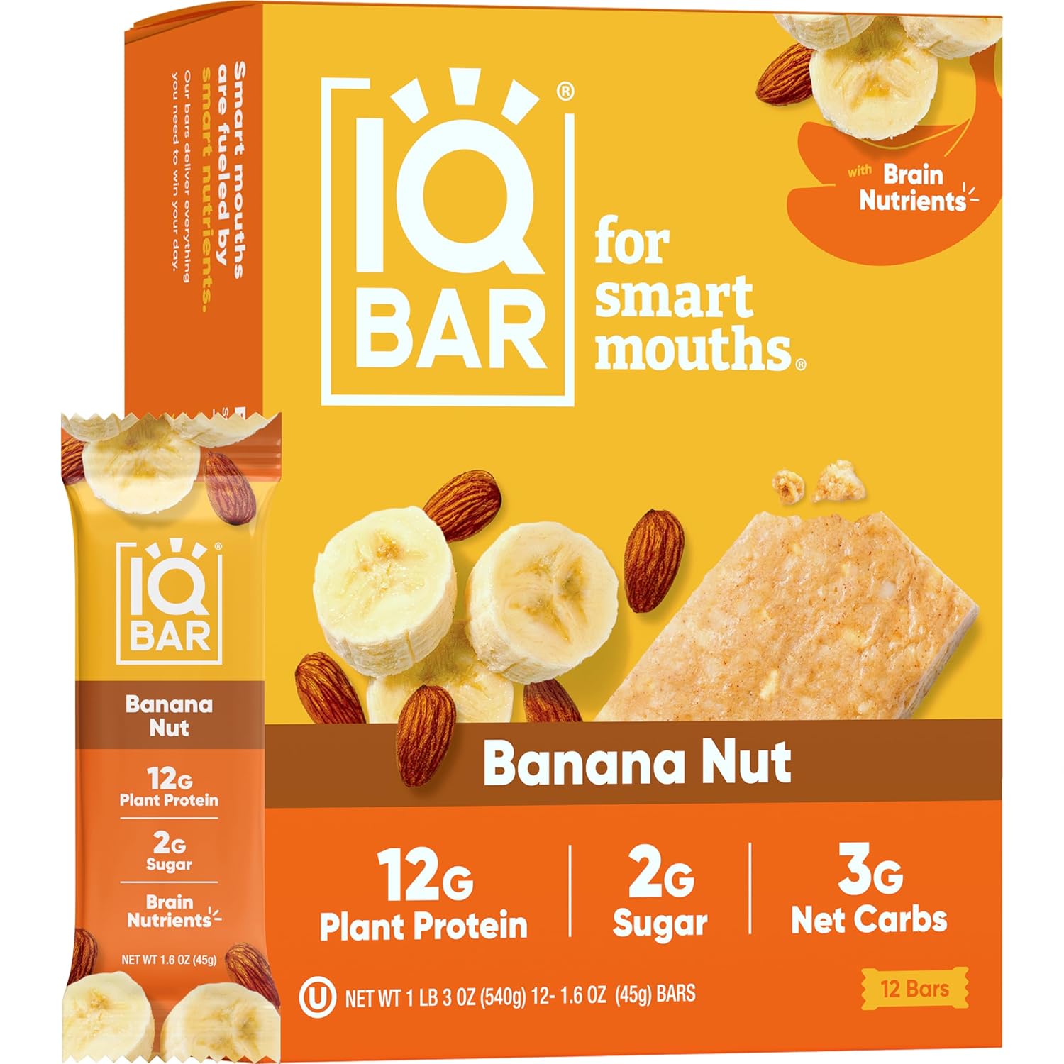 Iqbar Brain And Body Plant Protein Bars - Banana Nut - 12 Count, Low Carb, High Fiber, Gluten Free, Vegan Snacks - Low Sugar Keto Energy Bar Pack