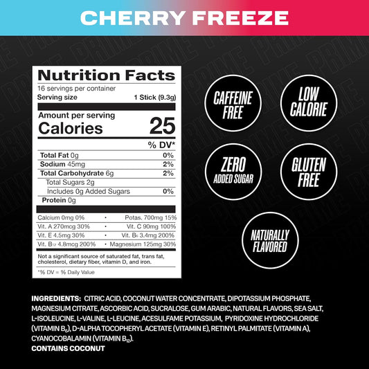 Prime Hydration+ Sticks Cherry Freeze | Hydration Powder Single Serve Sticks | Electrolyte Powder On The Go | 250Mg Bcaas, B Vitamins, Antioxidants | Low Sugar | Caffeine-Free | Vegan | 48 Sticks