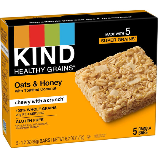 Kind Healthy Grains Bars, Oats & Honey With Toasted Coconut, Non Gmo, Gluten Free, 5 Count Per Pack, 6.2 Ounce