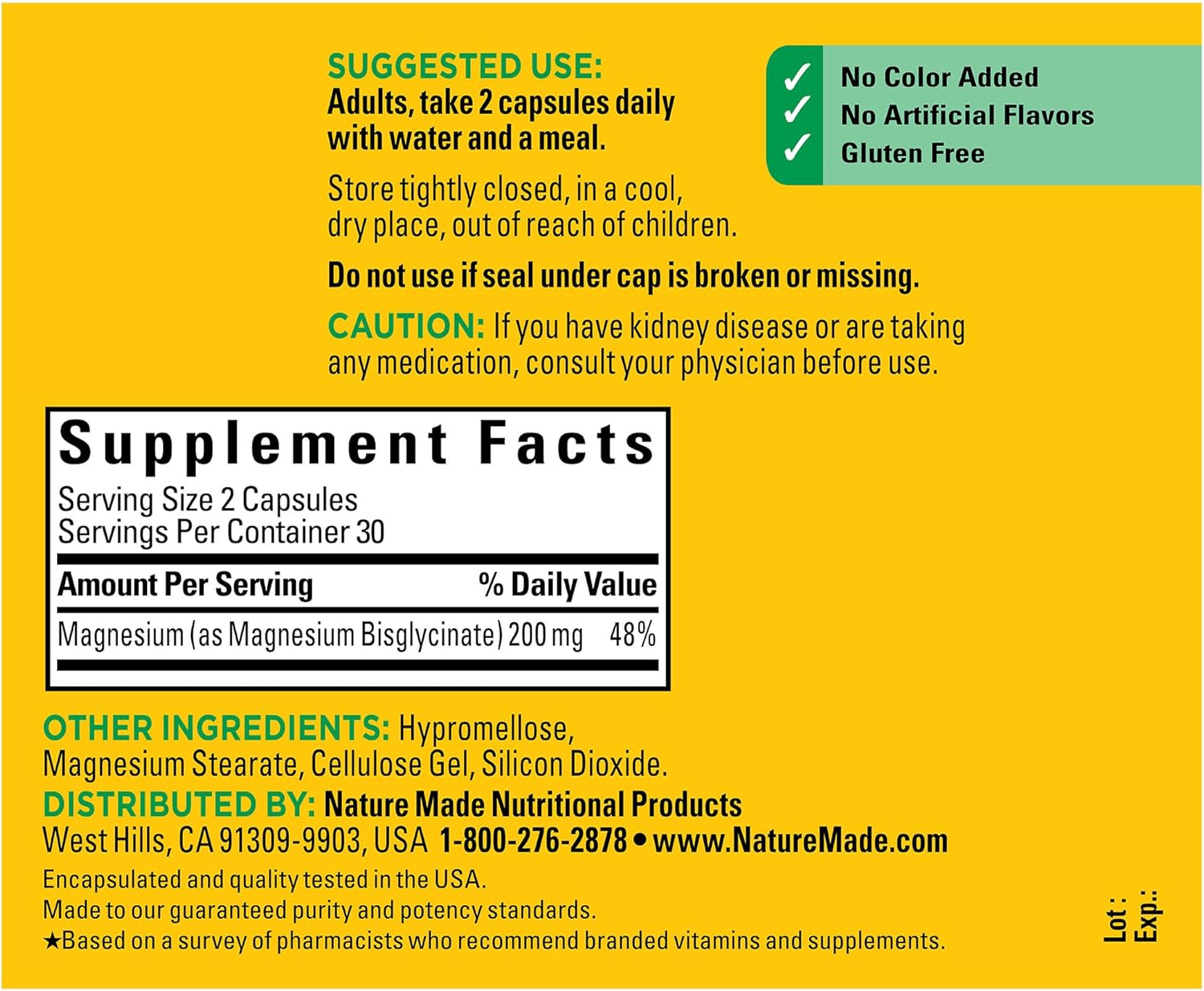 Nature Made Magnesium Glycinate 200 mg per Serving, Magnesium Supplement for Muscle, Heart, Nerve and Bone Support, 60 Magnesium Bisglycinate Capsules, 30 Day Supply : Health & Household