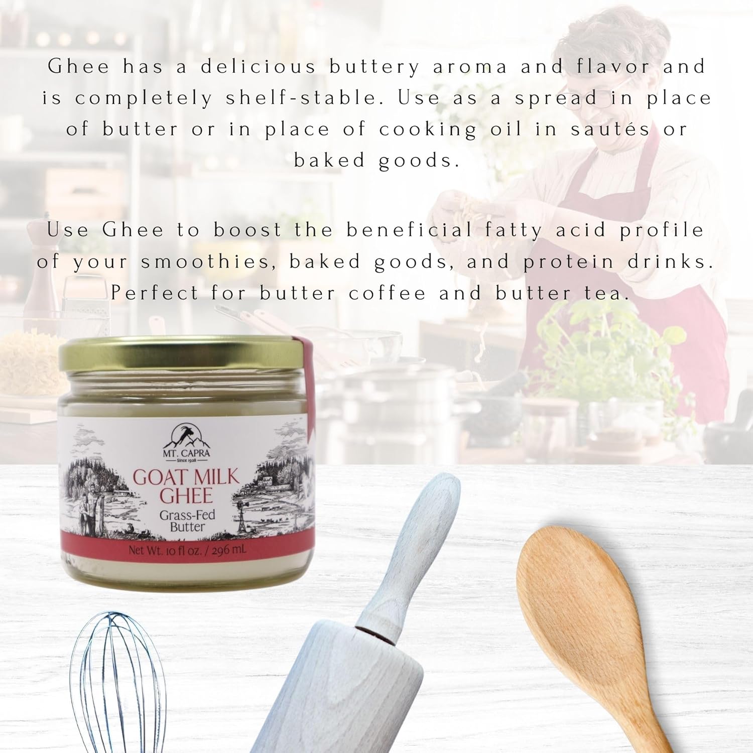 Mt. Capra Goat Milk Ghee | Grass-Fed Clarified Butter High In Mct Oil Perfect For Bulletproof Coffee, Keto, Paleo, And Whole 30 Diets | Pasture Raised And Unsalted | 59 Servings - 10 Fl Oz
