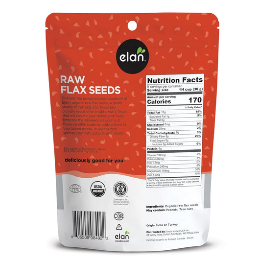 Elan Organic Flax Seed, 9.7 oz, Whole Seeds, Raw Seeds, Non-GMO, Vegan, Gluten-Free, Kosher, High in Fiber, Gels Easily