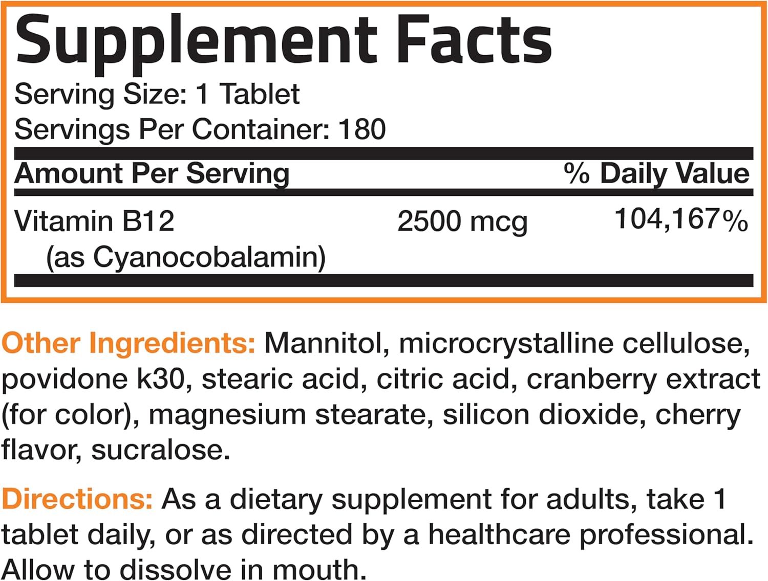 Vitamin B12 2500mcg Shot Of Energy Fast Dissolve Chewable Tablets - Quick Release Cherry Flavored Sublingual B12 Vitamin - Supports Nervous System, Healthy Brain Function Energy Production – 180 Count : Health & Household