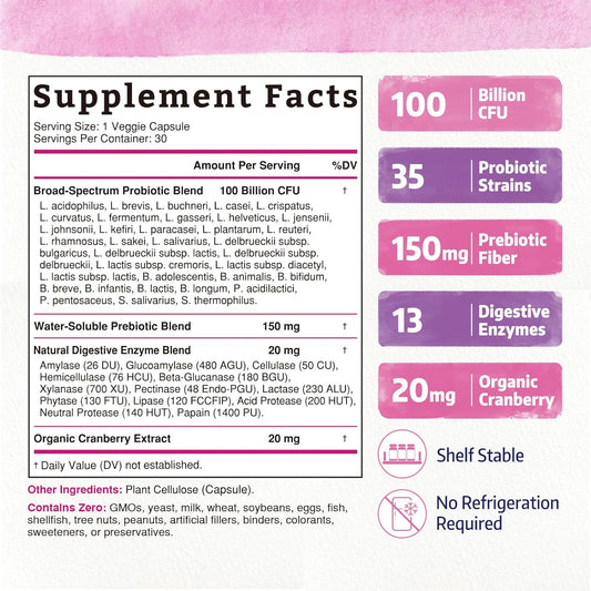 Bonawell Probiotics 120 Billion Cfu 32 Strains With Prebiotics, Digestive Enzymes For Gut Health, 3-In-1 Daily Probiotic, Shelf-Stable, Delayed-Release, 30 Veggie Caps